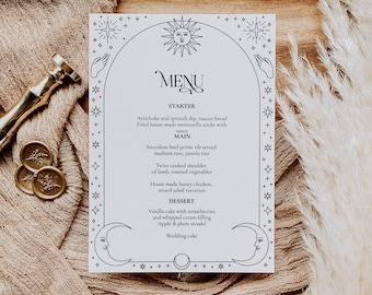Menu Card Template to Download and Print for Celestial Wedding, Baby Shower, Birthday or Sweet Sixteen #061