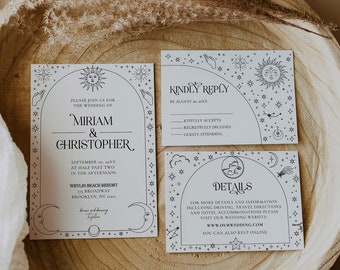 Modern Celestial Wedding Invitation Suite, Template to Download and Print for Simple Galaxy Wedding under Moon and Stars #061
