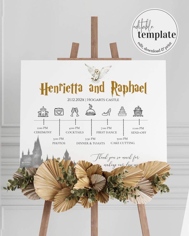 Wedding Program Sign with Timeline Wedding Schedule to show order of events to Wizard Wedding Printable Welcome Sign Decor 051 image 1