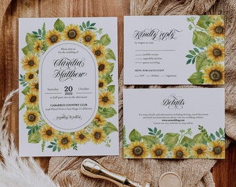 Sunflower Wedding Invitation Suite with Details and RSVP, Rustic Wedding Invite Template to Download and Print #006