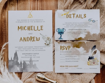 May include: A Harry Potter themed wedding invitation suite with a watercolor background. The invitation features a silhouette of Hogwarts Castle and the text "The honor of your presence is requested at the marriage of Michelle and Andrew." The RSVP card features a quill, an owl, and a Hogwarts letter. The details card features a golden snitch and a pair of glasses.
