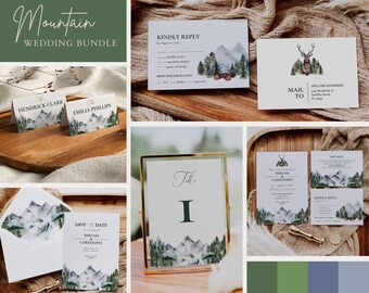 Mountain Wedding Invitation Suite Template, Winter Wedding Invite Bundle for Nature Celebration #010