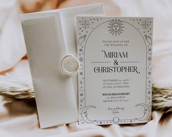 May include: A white wedding invitation with a black and white illustration of a sun, moon, and stars. The text reads "Please join us for the wedding of Miriam & Christopher, September 20, 20XX at half past two in the afternoon, Weylin Beach Resort, 175 Broadway, Brooklyn, NY 11211, Dinner and dancing to follow."