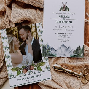 Mountain Wedding Invitation Template to Download, Wedding Invite for Rustic Wedding in Forest with pine trees and a stag 010 image 2