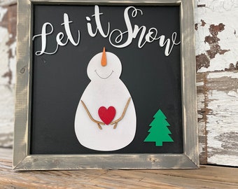 Let it Snow holiday decor 12x12 laser cut engraved custom weathered frames modern farmhouse