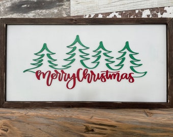 Merry Christmas with Trees holiday decor 12x24 laser cut engraved custom weathered frames modern farmhouse