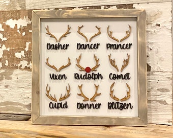 Reindeer Antlers & Names holiday decor 14x14 laser cut engraved custom weathered frames modern farmhouse