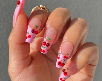 Cherries French Pink Nails/ Cherry Press On Nails