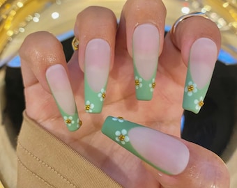 Green French Flowers Nails/ Press On Nails