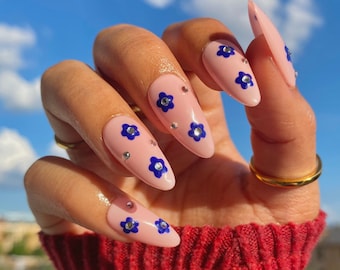 Cute Blue Flowers Nails/ Flowers Press On Nails
