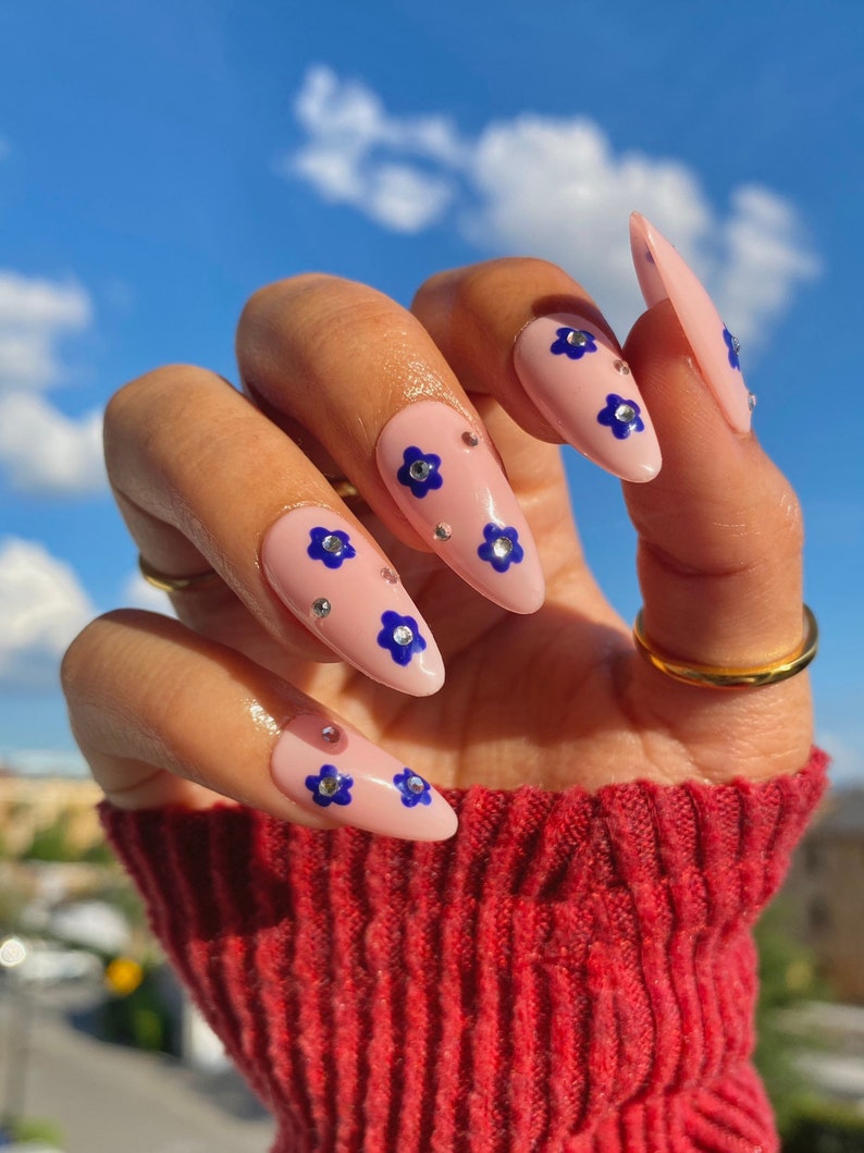 Cute Blue Flowers Nails/ Flowers Press On Nails image 1