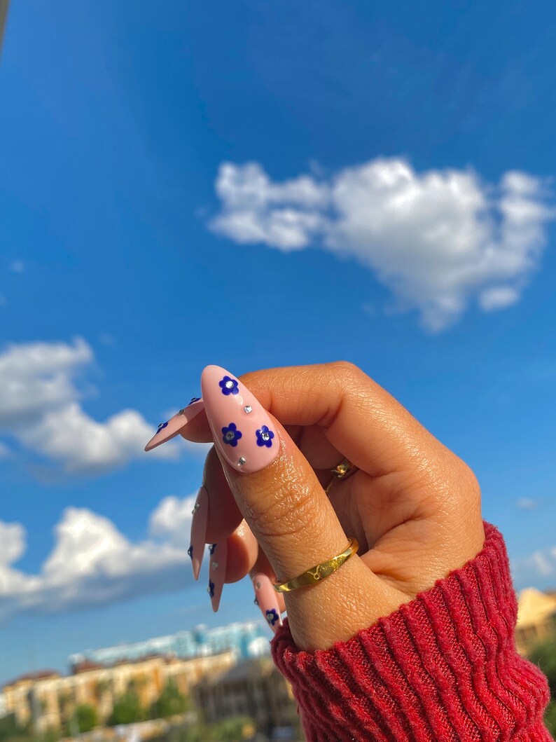 Cute Blue Flowers Nails/ Flowers Press On Nails image 2