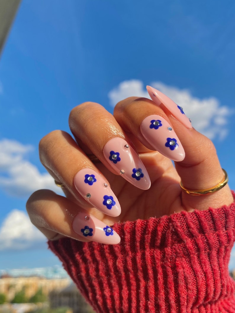 Cute Blue Flowers Nails/ Flowers Press On Nails image 4