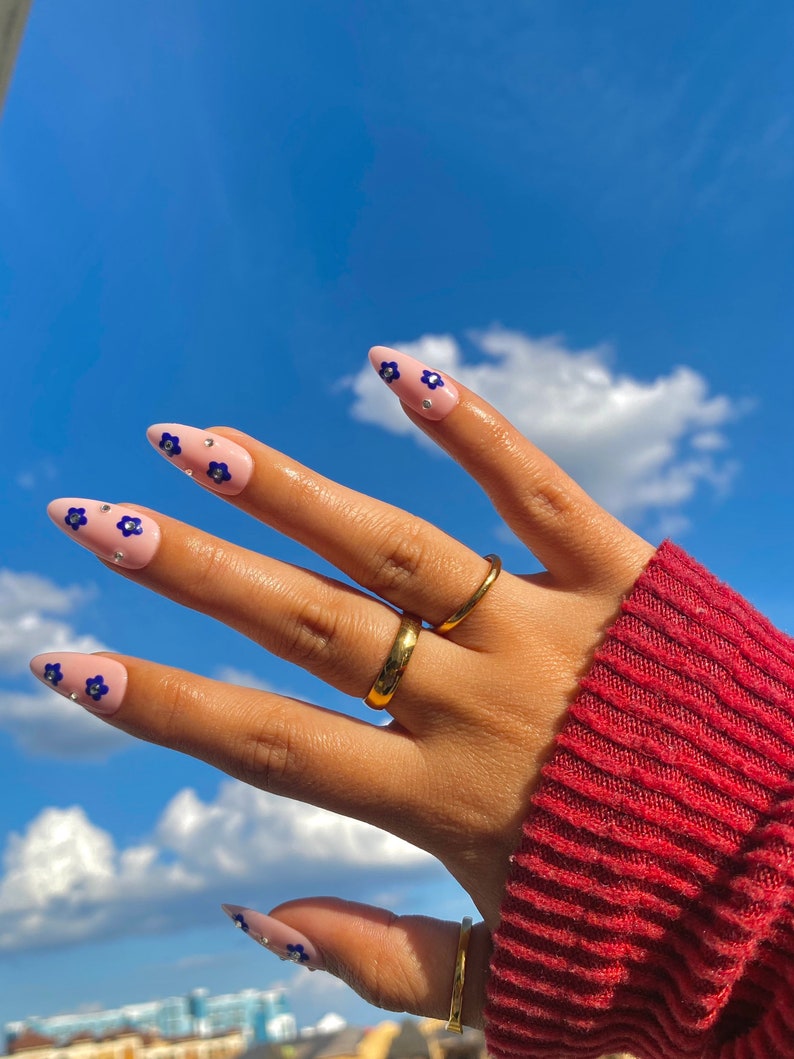 Cute Blue Flowers Nails/ Flowers Press On Nails image 3