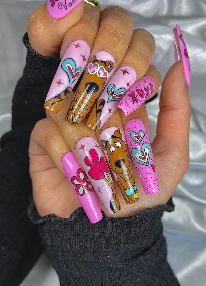 Pink Valentines Doobie Doo/ Valentine's Press On Nails image 1