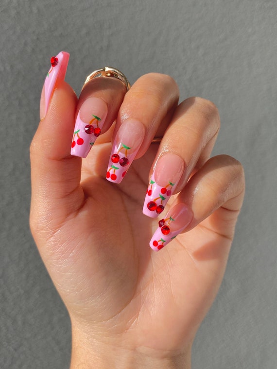 3D Cheery Long Square Nails Set 3D Cheery Long Square Nails Set