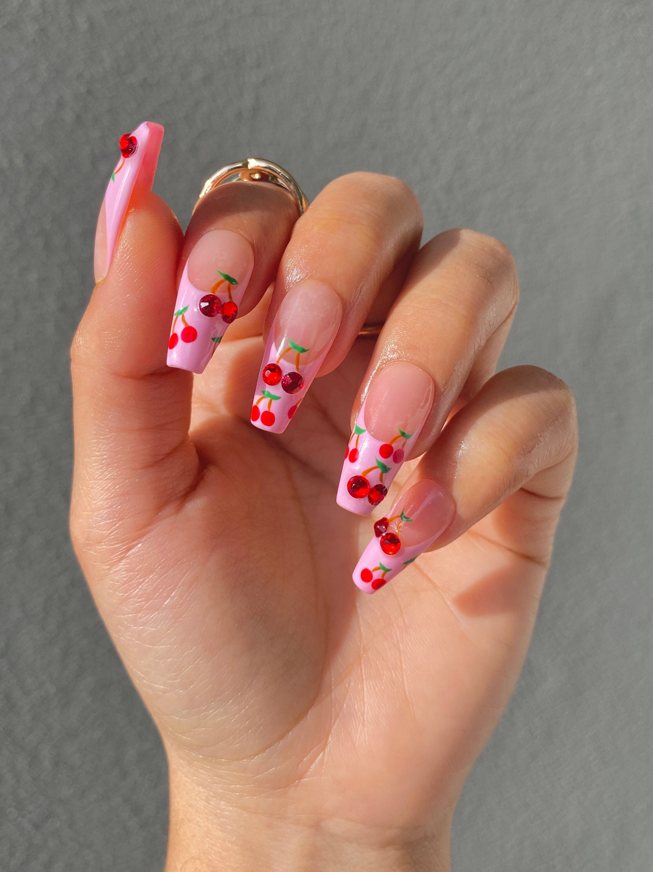 Cherries French Pink Nails/ Cherry Press on Nails - Etsy