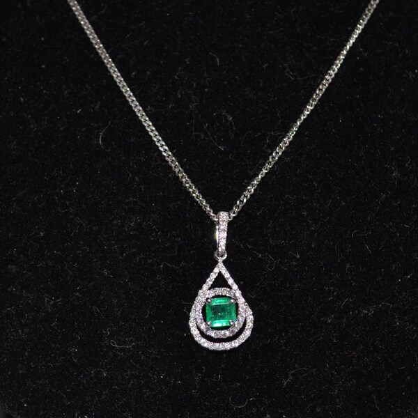 Ladies Emerald and Diamond Halo Spiral Drop Pendant, 18ct White Gold Hallmarked