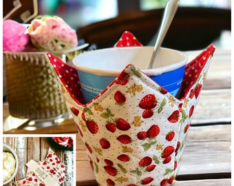 Ice Cream Cosy, Reversible Ice Cream Holder, Ice Cream Gift for Friend, Ice Cream Lover, Ice Cream Gifts, Strawberry Fabric Design.