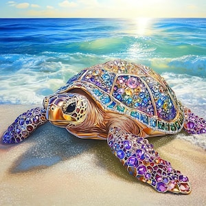 K&ouml;nnte beinhalten: Eine mit Juwelen besetzte Meeresschildkr&ouml;te liegt an einem Sandstrand mit dem Ozean im Hintergrund. Der Panzer der Schildkr&ouml;te ist mit farbigen Edelsteinen in Blau-, Lila-, Rosa- und Gelbt&ouml;nen verziert. Der K&ouml;rper der Schildkr&ouml;te ist goldfarben.