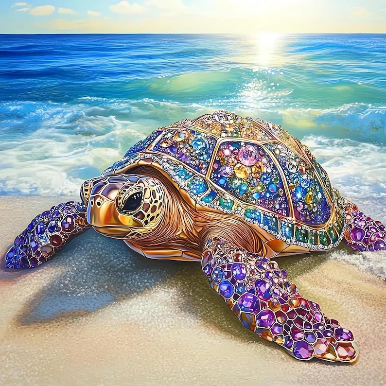 K&ouml;nnte beinhalten: Eine mit Juwelen besetzte Meeresschildkr&ouml;te liegt an einem Sandstrand mit dem Ozean im Hintergrund. Der Panzer der Schildkr&ouml;te ist mit farbigen Edelsteinen in Blau-, Lila-, Rosa- und Gelbt&ouml;nen verziert. Der K&ouml;rper der Schildkr&ouml;te ist goldfarben.