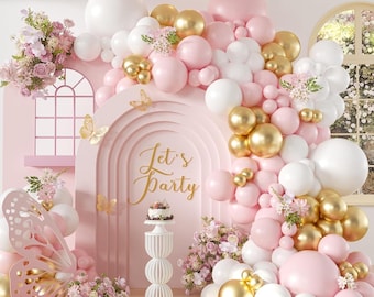 Zestaw łuków balonowych w kolorze różowo-białym i złotym, 136 szt., metaliczna złota girlanda na urodziny, baby shower, przyjęcie