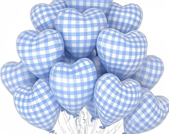 Niebieskie balony w kratkę w kształcie serca, 10 szt., 18 cali, pastelowe balony w kratkę w kształcie serca, dekoracja na wesele i zaręczyny