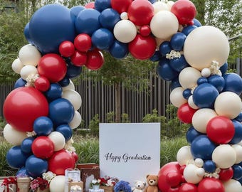 Zestaw łuku balonowego w kolorze czerwono-białym i niebieskim, patriotyczna girlanda balonowa w kolorze granatowym i rubinowo-czerwonym, idealna na imprezę z okazji ukończenia szkoły