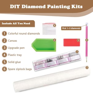 K&ouml;nnte beinhalten: Ein DIY-Diamant-Malset mit allen notwendigen Materialien. Enth&auml;lt farbige runde Diamanten, eine Leinwand, einen Upgrade-Stift, eine gr&uuml;ne Kunststoffschale, festen Kleber und Ersatz-Zip-Beutel. Das Set enth&auml;lt auch den Text "DIY Diamond Painting Kits".