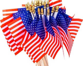 40 szt. miniaturowych amerykańskich flag na patyku, 4 x 6 cali, patriotyczne, ręczne flagi USA na 4 lipca, Dzień Pamięci i dekorację parad