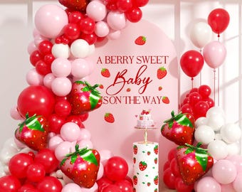 Zestaw łuków z balonów truskawkowych, 153 szt., czerwone i różowe balony z jagodami dla dziewczynek, dekoracja na urodziny i baby shower