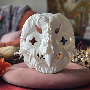 Demon Owl Mask | Customizable & Paintable | Cosplay Accessory | Fursona | Furry | Owl | Alternative | Therian | Jester | Clown