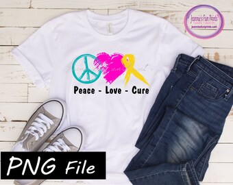 Peace Love Cure, kinderen kankerbewustzijn, sublimatie tshirt ontwerp, sublimatie png, sublimatie digitale download png, sublimatie ontwerp.