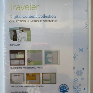 May include: A white box with a blue and green design. The box contains a digital content collection for scrapbooking. The title of the collection is "Traveler". The box includes 12x12 and 11x8.5 inch digital predesigned pages. The box also includes a digital kit. The box requires StoryBook Creator software version 3.0 or 4.0.