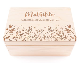 Erinnerungskiste Baby | Personalisierte Erinnerungsbox aus Holz | Blume | Geschenk zur Schwangerschaft, Geburt, Taufe, Kommunion | Babyparty