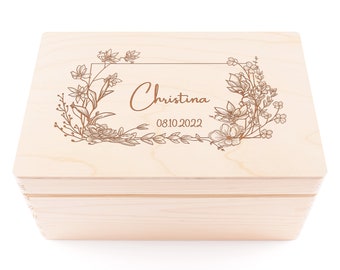 Erinnerungskiste Baby | Personalisierte Erinnerungsbox aus Holz | Blumenrahmen | Geschenk zur Schwangerschaft, Geburt, Taufe, Kommunion