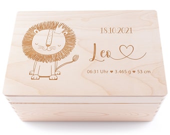 Erinnerungskiste Baby | Personalisierte Erinnerungsbox aus Holz | Löwe | Geschenk zur Schwangerschaft, Geburt, Taufe, Kommunion | Babyparty