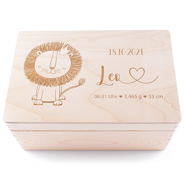 Erinnerungskiste Baby | Personalisierte Erinnerungsbox aus Holz | Löwe | Geschenk zur Schwangerschaft, Geburt, Taufe, Kommunion | Babyparty