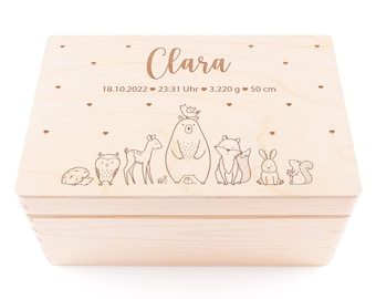 Erinnerungskiste Baby | Personalisierte Erinnerungsbox aus Holz | Waldtiere | Geschenk zur Schwangerschaft, Geburt, Taufe, Kommunion