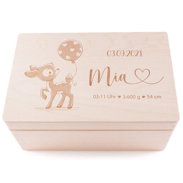 Erinnerungskiste Baby | Personalisierte Erinnerungsbox aus Holz | Bambi | Geschenk zur Schwangerschaft, Geburt, Taufe, Kommunion | Babyparty