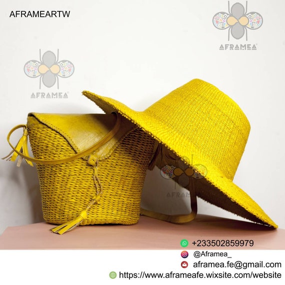 Christmas Gift African Woven Straw Hat and Bag Set Bolga Beach