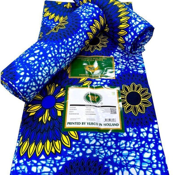 originele Holland 6 yards Ankara stof, Authentieke Vlisco Holland 100% katoen Afrikaanse waxprint, blauwe en gele Afrikaanse waxprintdoek