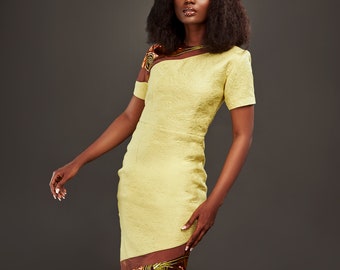 African dresses, Yellow dress, brocade and African print dress, unique work and corporate cocktail dress for women