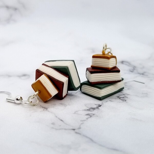 Vintage Inspired Book Earrings- Hand Sculpted Mini Clay Food Jewelry Stacked Books, Book Lover Gift, Librarian Gift, Gift for Her
