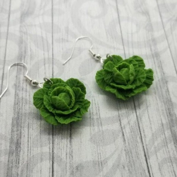 Cabbage Lettuce Earrings-Hand Sculpted Mini Clay Food Jewelry Vegetable Earrings, Food Lover Gift, Vegan Gift