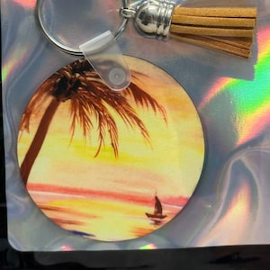 2" Beach Palm Tree Ocean Sunset Keychain with Tassel
