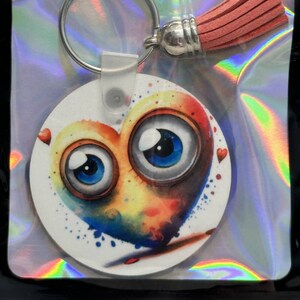 2&quot; Splash Art Google Eye Heart Keychain with Tassel