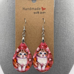 Kitten and Hearts Teardrop Earrings