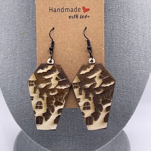 Laser Cut Handmade Witch Coffin Halloween Dangle Earrings