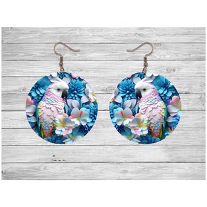 3D Round Colorful Cockatoo and Flowers Dangle Earrings